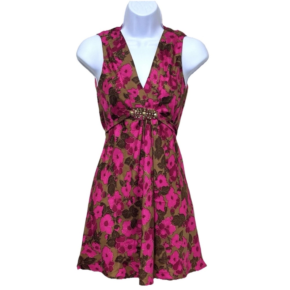 100% Silk A Common Thread Y2K Sz S Babydoll Preppy Pink Floral Top Mini Dress